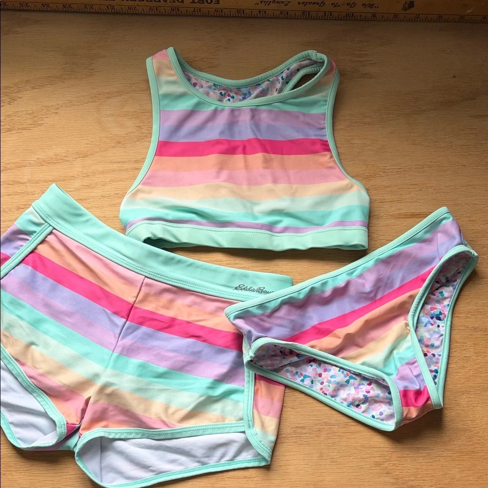 Eddie Bauer Girls' Pastel Rainbow Stripe Swim Set with Mint Trim Reversible